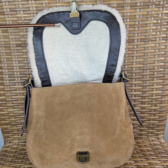 Ugg Heritage Brown Cream Leather Cow Suede Shearling Crossbody Bag - Picture 10 of 16